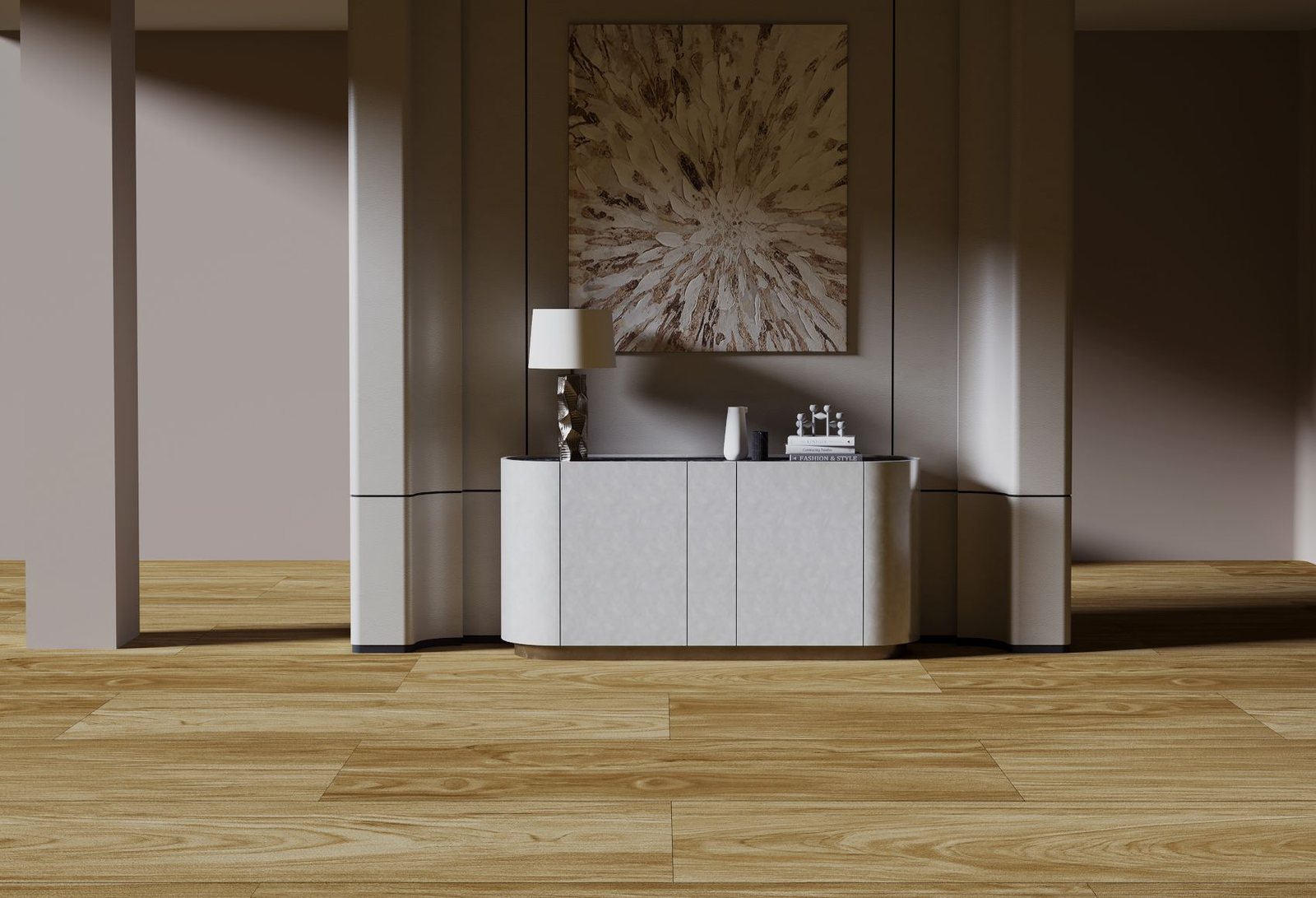 Penerapan lantai vinyl Taco 3mm TV3049 Golden Ash di ruang masuk dengan konsol
