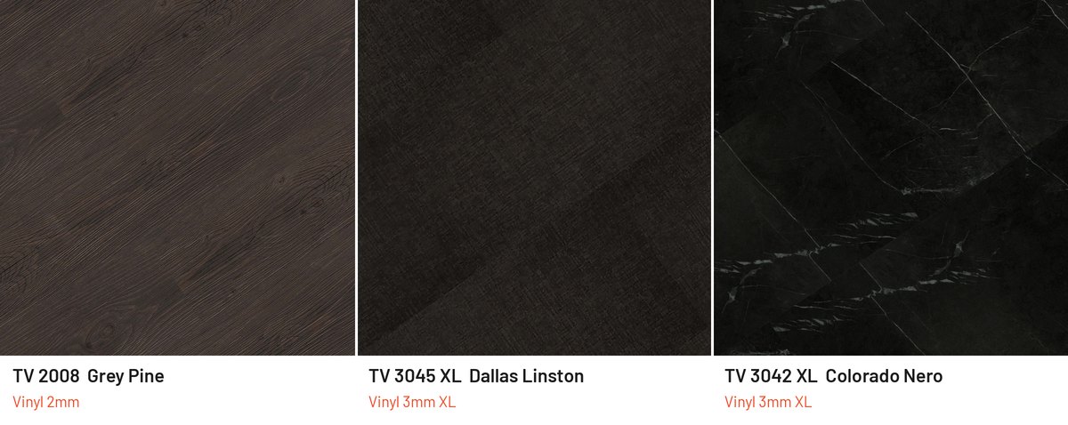 Contoh warna lantai vinyl abu gelap dan hitam Taco: TV 2008 Grey Pine, TV 3045 XL Dallas Linston, TV 3042 XL Colorado Nero