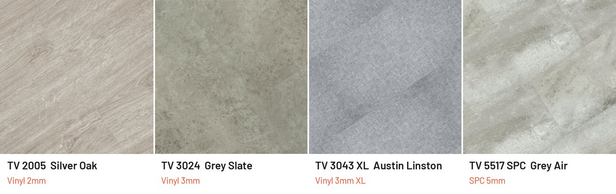 Contoh warna lantai vinyl abu muda Taco: TV 2005 Silver Oak, TV 3024 Grey Slate, TV 3043 XL Austin Linston, TV 5517 SPC Grey Air