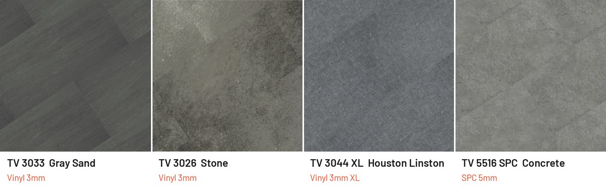 Contoh warna lantai vinyl abu sedang Taco: TV 3033 Gray Sand, TV 3026 Stone, TV 3044 XL Houston Linston, TV 5516 SPC Concrete