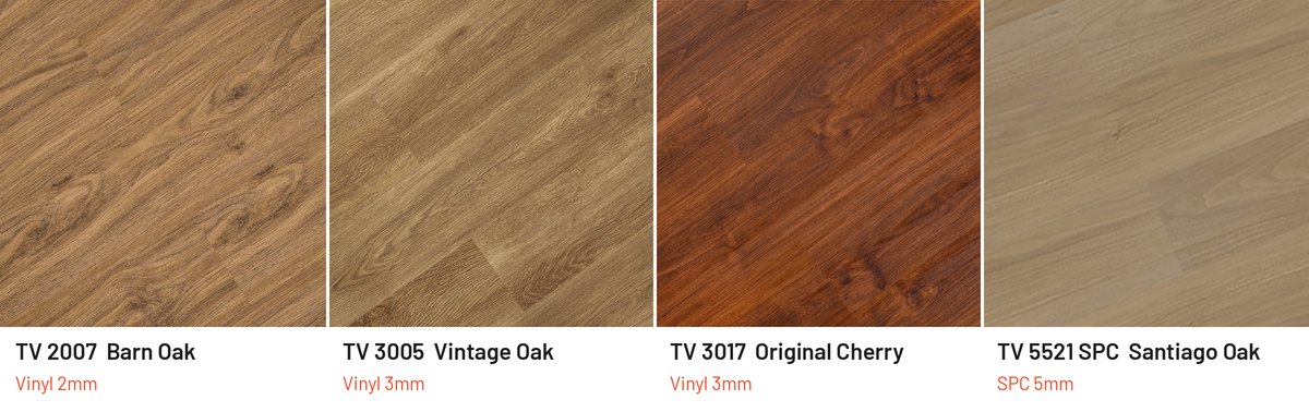 Contoh warna lantai vinyl cokelat sedang Taco: TV 2007 Barn Oak, TV 3005 Vintage Oak, TV 3017 Original Cherry, TV 5521 SPC Santiago Oak