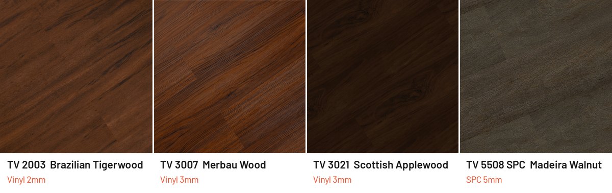 Contoh warna lantai vinyl cokelat tua Taco: TV 2003 Brazilian Tigerwood, TV 3007 Merbau Wood, TV 3021 Scottish Applewood, TV 5508 SPC Madeira Walnut