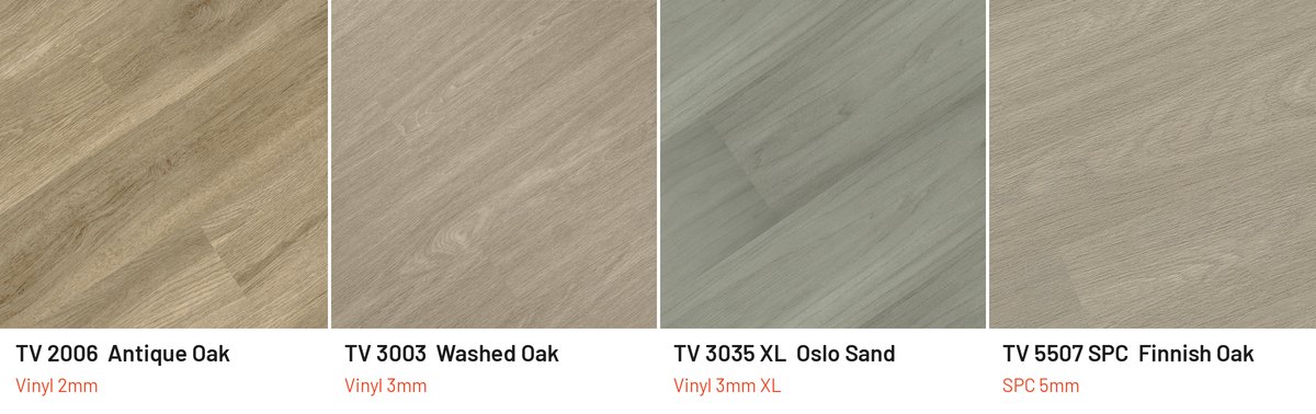 Contoh warna lantai vinyl greige Taco: TV 2006 Antique Oak, TV 3003 Washed Oak, TV 3035 XL Oslo Sand, TV 5507 SPC Finnish Oak