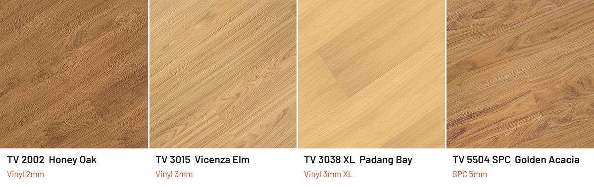 Contoh warna lantai vinyl kayu madu dan keemasan Taco: TV 2002 Honey Oak, TV 3015 Vicenza Elm, TV 3038 XL Padang Bay, TV 5504 SPC Golden Acacia