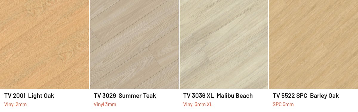 Contoh warna lantai vinyl kayu natural muda Taco: TV 2001 Light Oak, TV 3029 Summer Teak, TV 3036 XL Malibu Beach, TV 5522 SPC Barley Oak