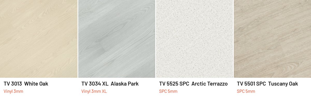 Contoh warna lantai vinyl putih dan krem pucat Taco: TV 3013 White Oak, TV 3034 XL Alaska Park, TV 5525 SPC Arctic Terrazzo, TV 5501 SPC Tuscany Oak