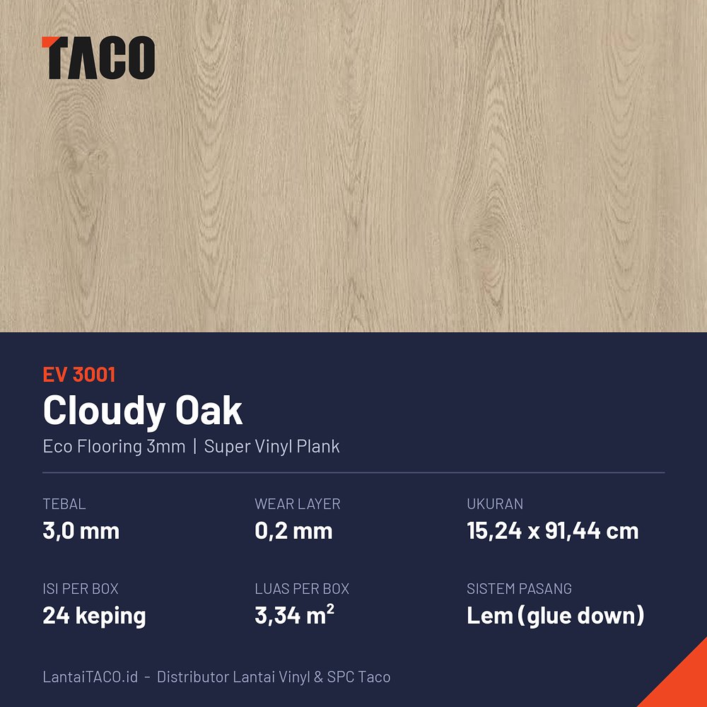 Spesifikasi lantai vinyl Eco 3mm EV3001 Cloudy Oak: tebal 3 mm, wear layer 0,2 mm