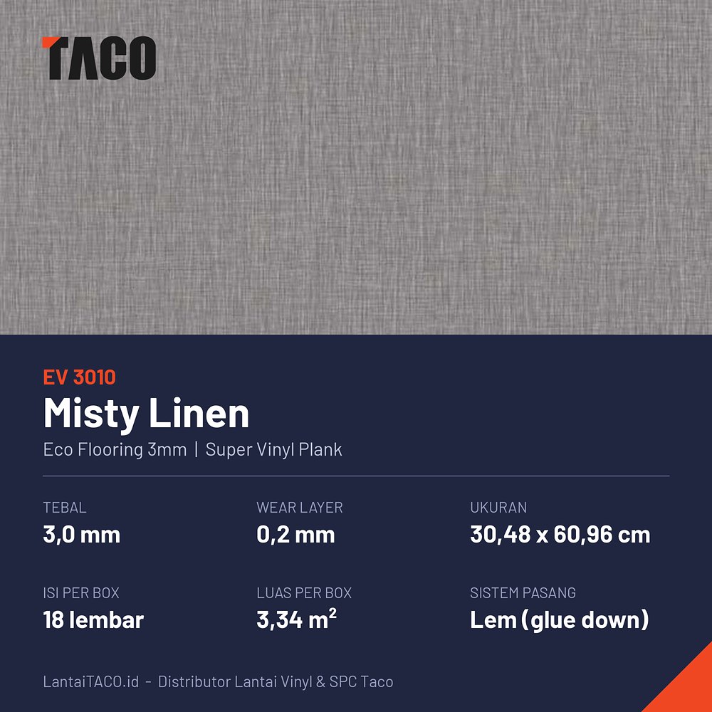 Spesifikasi lantai vinyl Eco 3mm EV3010 Misty Linen: tebal 3 mm, wear layer 0,2 mm