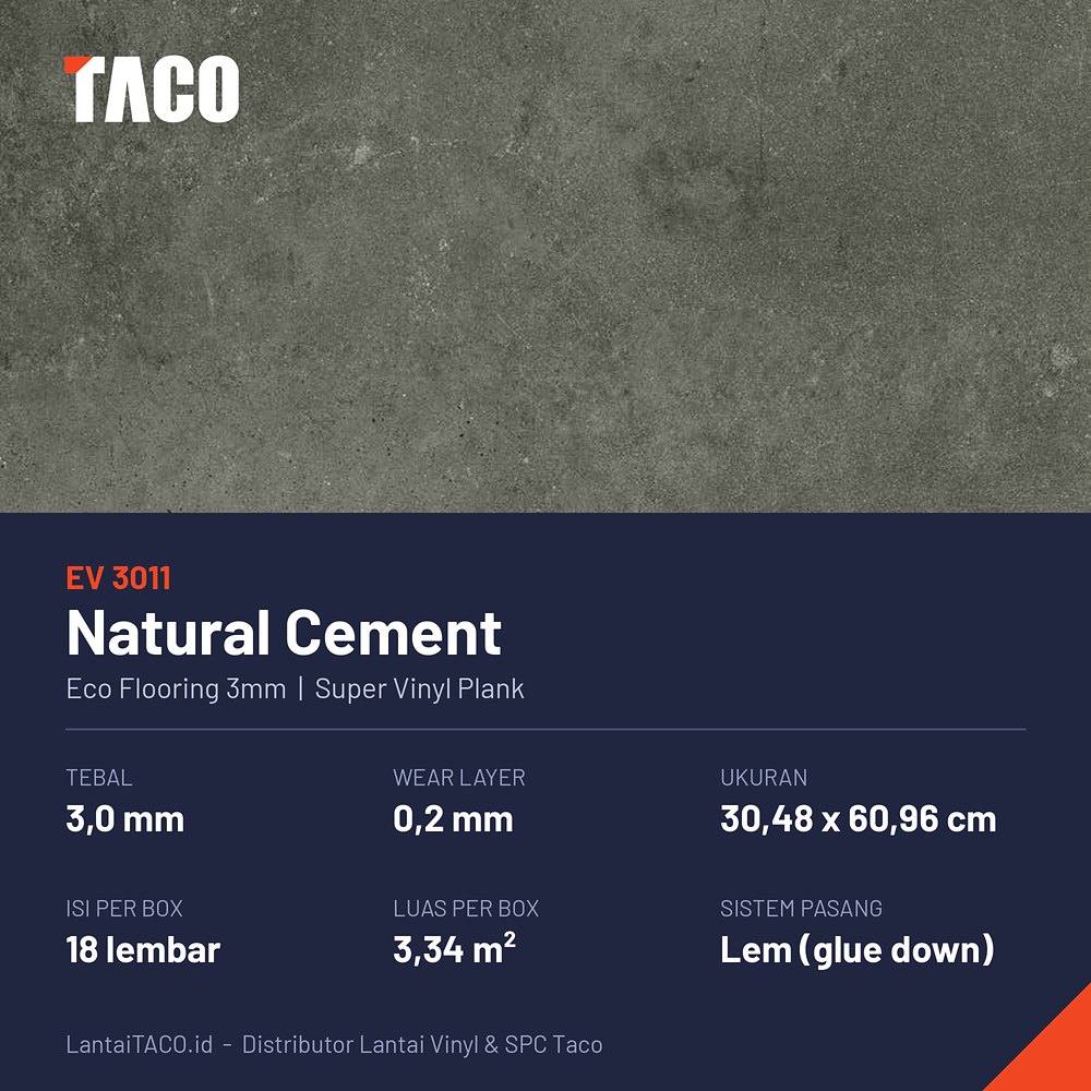 Spesifikasi lantai vinyl Eco 3mm EV3011 Natural Cement: tebal 3 mm, wear layer 0,2 mm