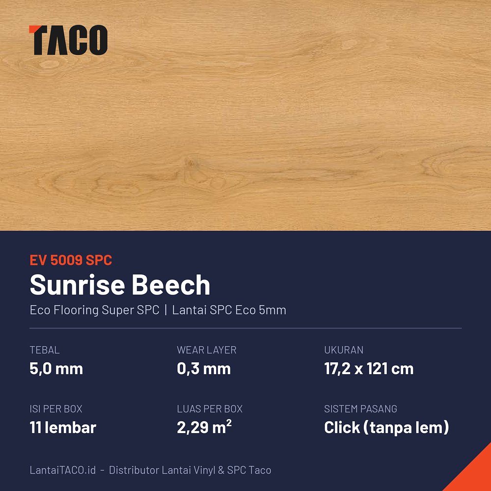 Spesifikasi lantai SPC Eco 5mm EV5009SPC Sunrise Beech: tebal 5 mm, wear layer 0,3 mm