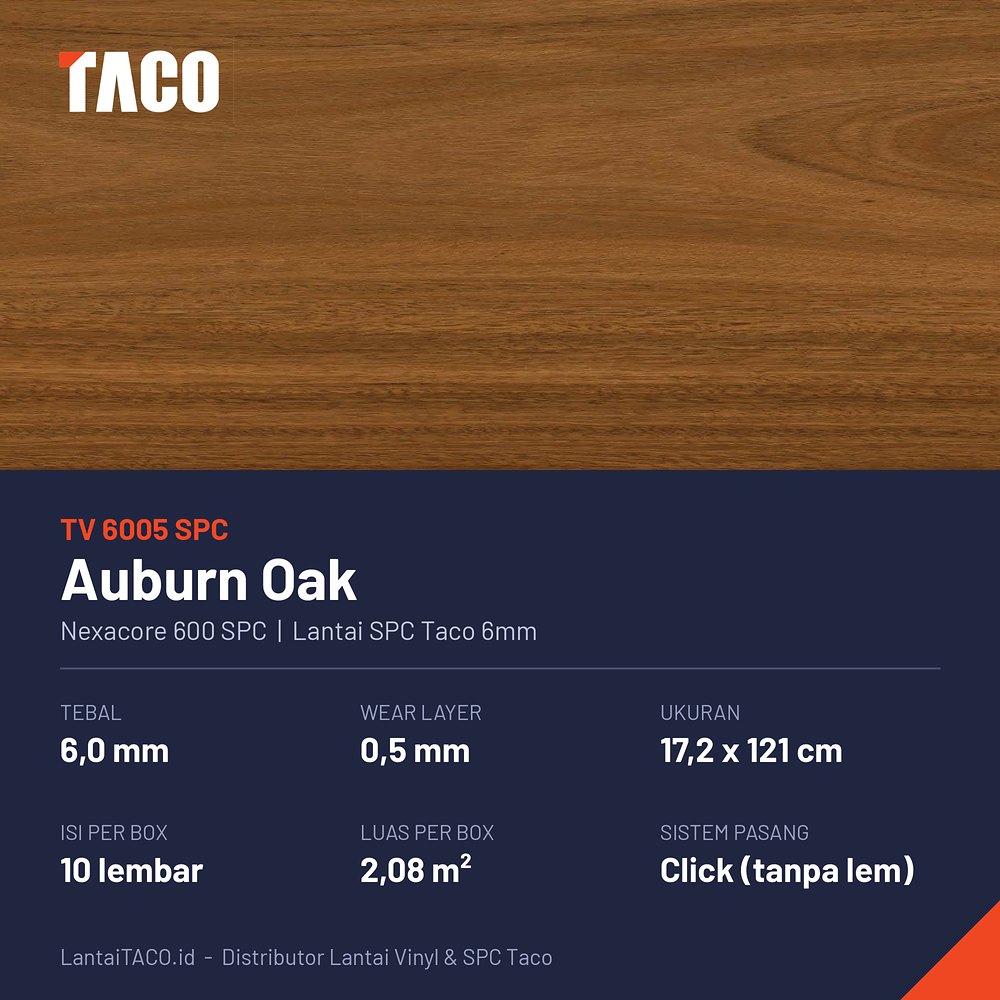 Spesifikasi lantai SPC Taco 6mm TV6005SPC Auburn Oak: tebal 6 mm, wear layer 0,5 mm