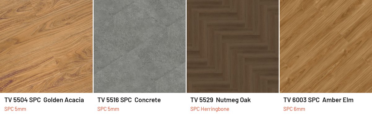Contoh motif lantai SPC Taco per seri: TV 5504 SPC Golden Acacia (SPC 5mm), TV 5516 SPC Concrete (SPC 5mm), TV 5529 Nutmeg Oak (SPC Herringbone), TV 6003 SPC Amber Elm (SPC 6mm)