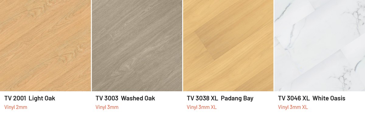 Contoh motif lantai vinyl Taco per seri: TV 2001 Light Oak (Vinyl 2mm), TV 3003 Washed Oak (Vinyl 3mm), TV 3038 XL Padang Bay (Vinyl 3mm XL), TV 3046 XL White Oasis (Vinyl 3mm XL)