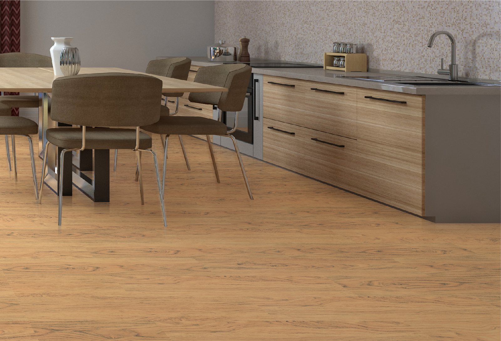 Dapur dan ruang makan dengan lantai SPC Taco TV 5504 Golden Acacia motif kayu warna madu