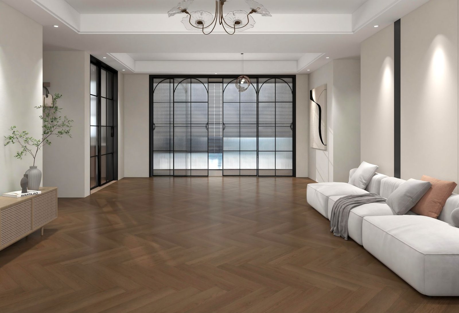 Ruang tamu dengan lantai SPC Herringbone Taco TV 5529 Nutmeg Oak pola tulang ikan warna cokelat tua