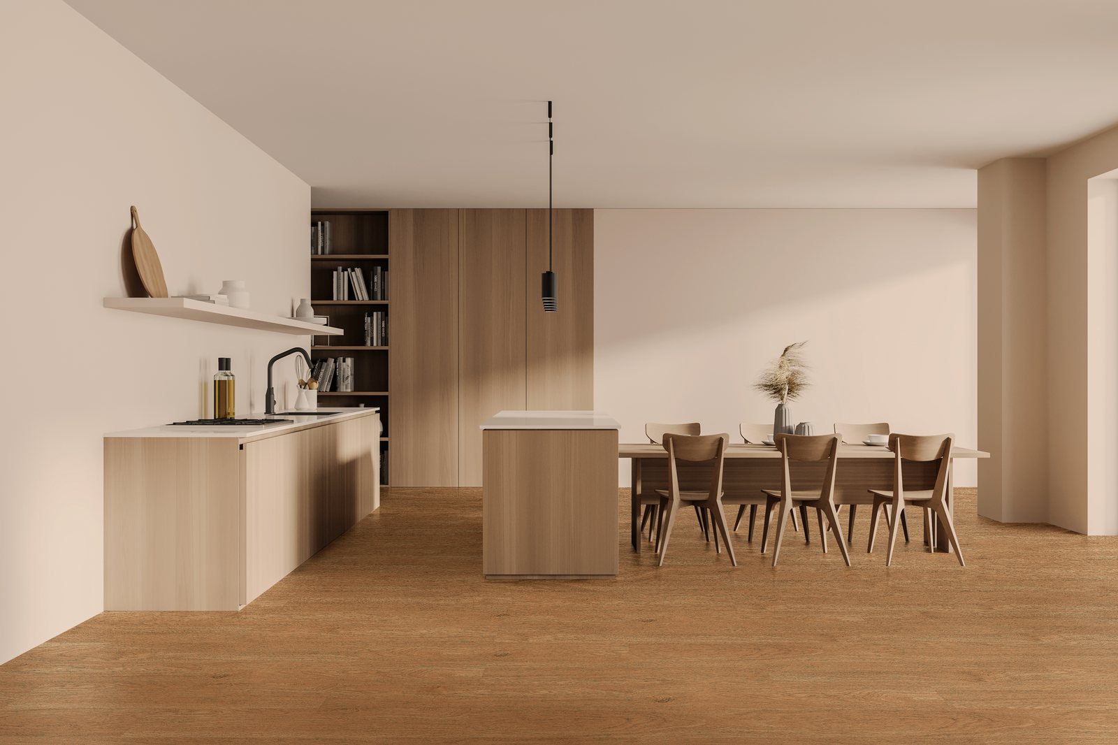 Dapur dan ruang makan dengan lantai vinyl Taco TV 2002 Honey Oak motif kayu warna madu