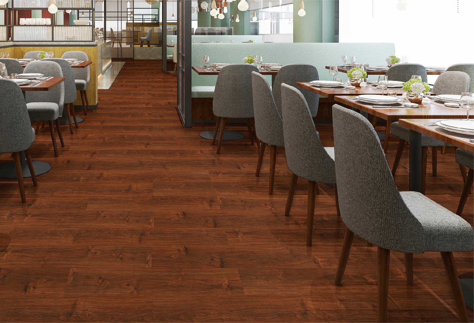 Restoran dengan lantai vinyl Taco TV 3017 Original Cherry motif kayu warna cokelat kemerahan