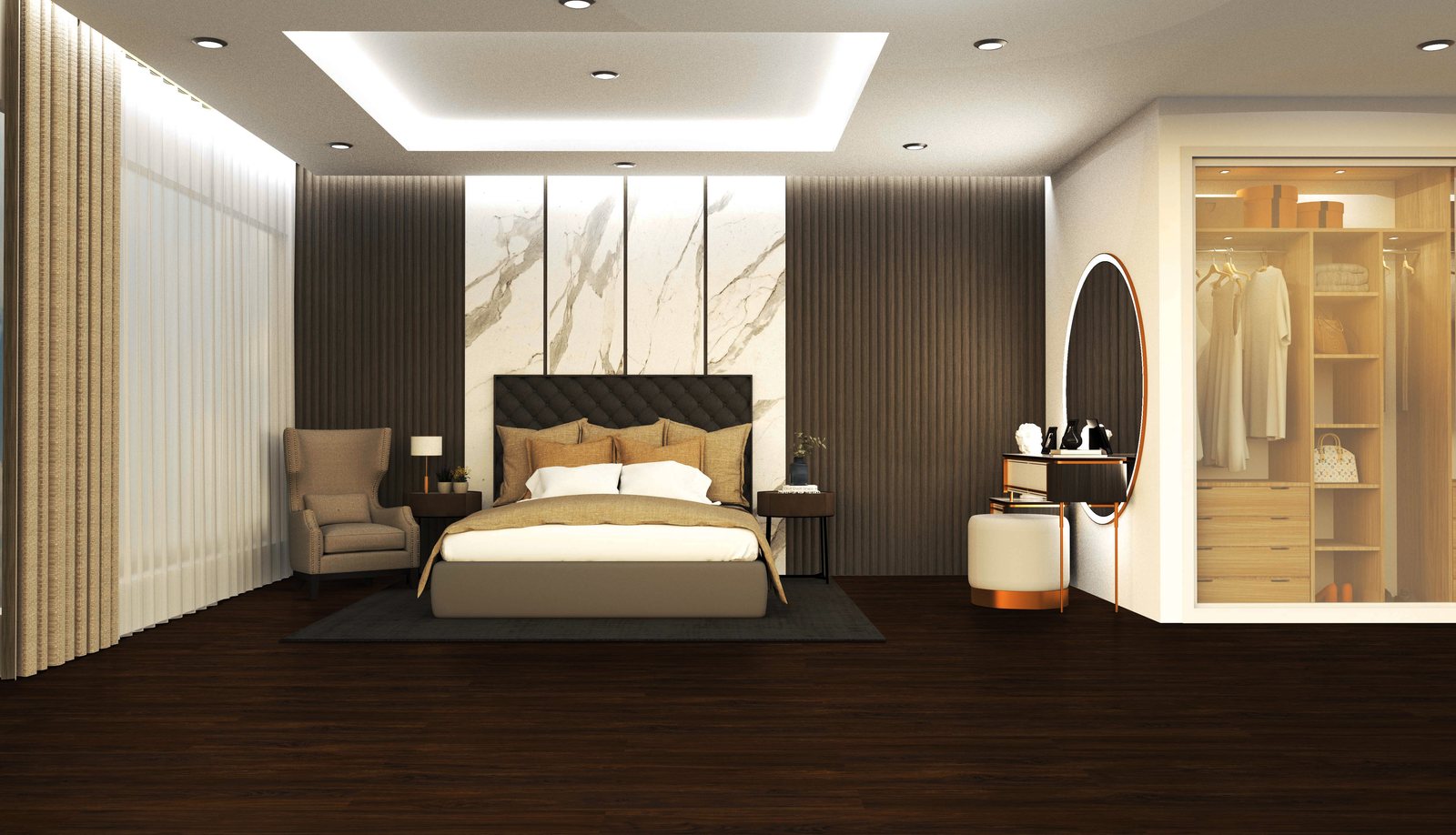 Kamar tidur utama dengan lantai vinyl Taco TV 3021 Scottish Applewood motif kayu warna cokelat tua