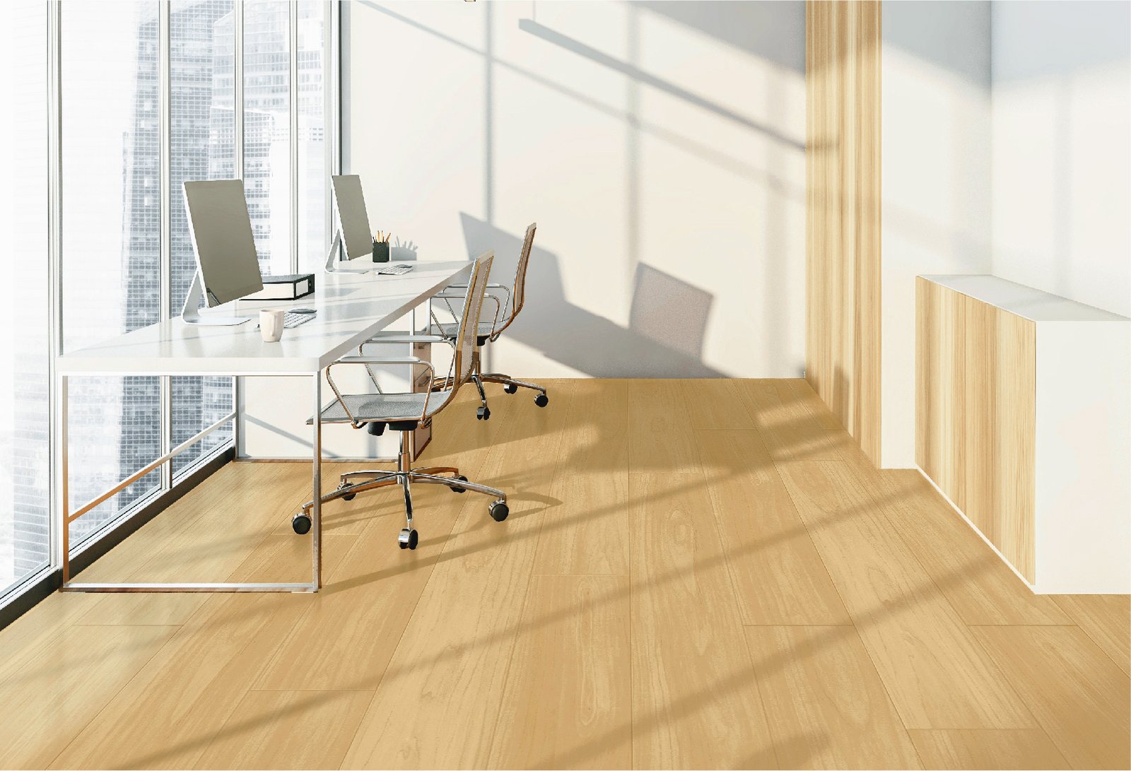 Ruang kerja dengan lantai vinyl Taco TV 3038 XL Padang Bay motif kayu warna madu muda papan XL